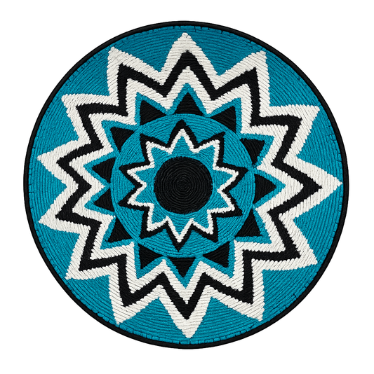 African telephone wire plate - 35cm - Teal, White and Black