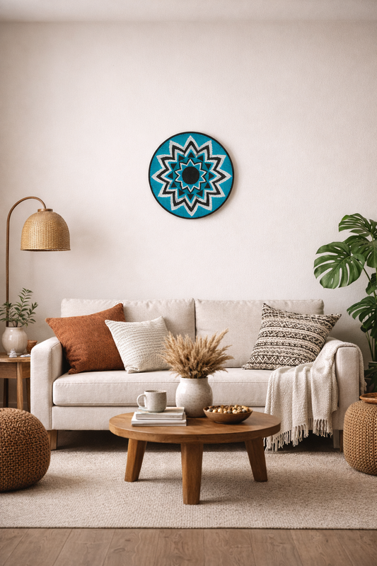 African telephone wire plate - 35cm - Teal, White and Black
